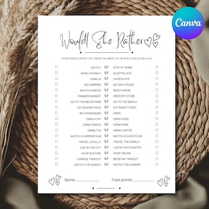 May include: A white Would She Rather game sheet with black text. The game includes options like "Go Out" and "Stay at Home." The Canva logo is in the upper right corner. The sheet is on a woven background.