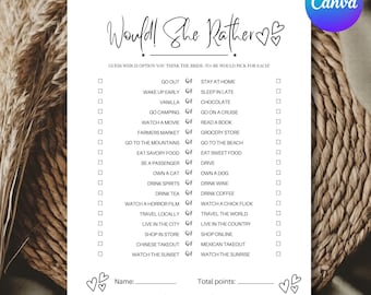 Would She Rather Bridal Shower Game, Would Bride Rather, Who Knows The Bride Best, Would She Rather Card, Editable Canva, Printable Download