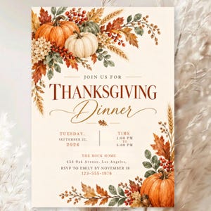 Thanksgiving Dinner Invitation Canva Template, Friendsgiving Invite, Fall Rustic Pumpkin Party, Let's Give Thanks, Editable Digital Download