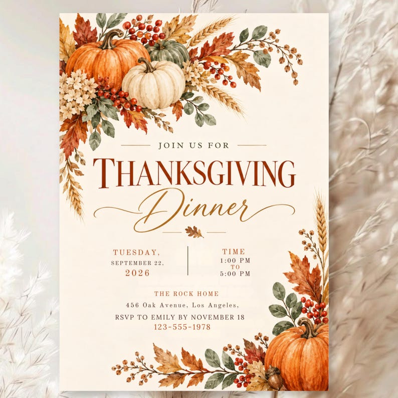 Thanksgiving Dinner Invitation Canva Template, Friendsgiving Invite, Fall Rustic Pumpkin Party, Let's Give Thanks, Editable Digital Download