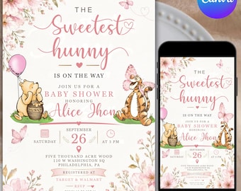 May include: A baby shower invitation card featuring Winnie the Pooh and Tigger illustrations, pink floral accents, and a pink balloon. The text reads: The Sweetest hunny is on the way, join us for a baby shower honoring Alice Jhon, September 26.