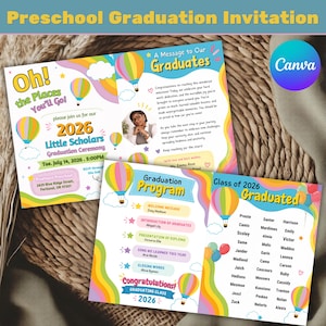 May include: Preschool graduation invitation with colorful hot air balloons and text. The invitation includes details for the 2026 Little Scholars Graduation Ceremony, with a program and a message to the graduates. The design features a Canva logo.