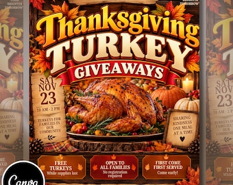 May include: A Thanksgiving Turkey Giveaways flyer featuring a roasted turkey on a platter, autumn leaves, and pumpkins. Text includes: Community Care Initiative Presents, Thanksgiving Turkey Giveaways, Sat Nov 23, 10 AM-2 PM, Free Turkeys, Open to All Families, First Come First Served, and Good Food Brighter Tomorrow.