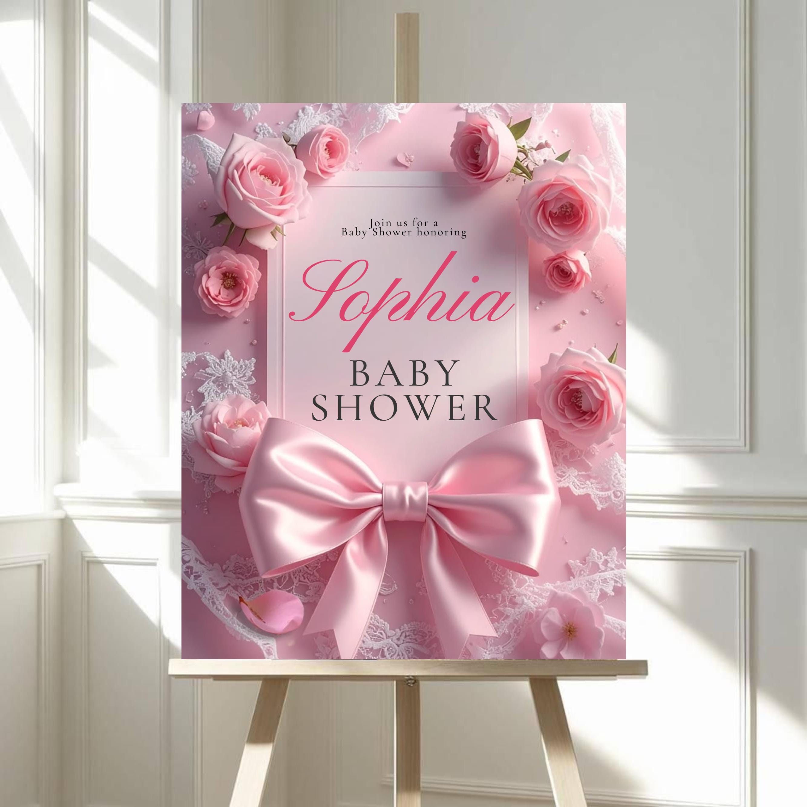 Pink Bow Floral Toile Baby Shower Welcome Sign Printable, Elegant ...