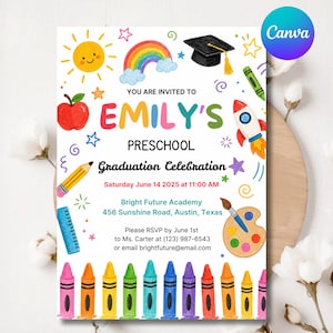 May include: A colorful preschool graduation invitation with the name "Emily's" in large letters. The design includes a sun, rainbow, apple, rocket, and crayons. The text reads "Graduation Celebration" and details the date, time, and location.