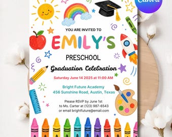 May include: A colorful preschool graduation invitation with the name "Emily's" in large letters. The design includes a sun, rainbow, apple, rocket, and crayons. The text reads "Graduation Celebration" and details the date, time, and location.