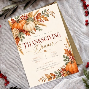 Thanksgiving Dinner Invitation Canva Template, Friendsgiving Invite, Fall Rustic Pumpkin Party, Let's Give Thanks, Editable Digital Download
