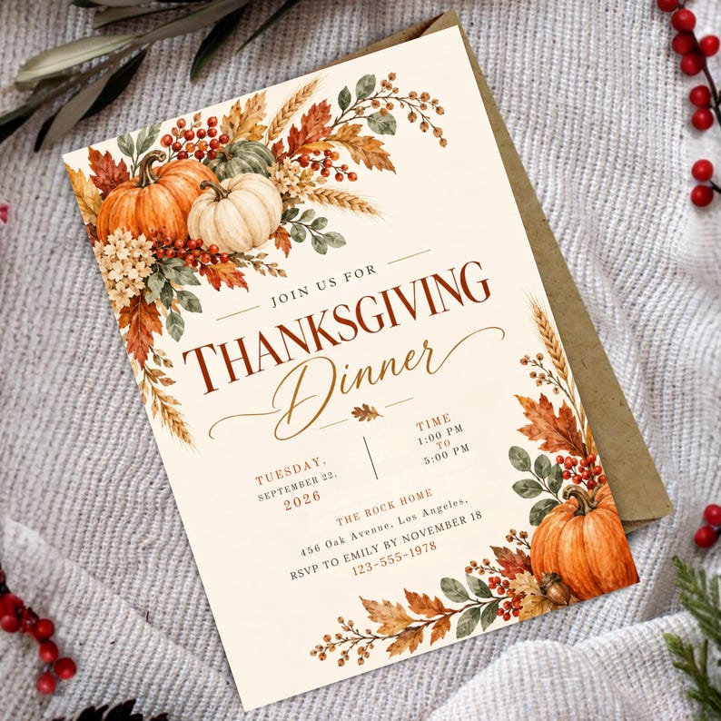 Thanksgiving Dinner Invitation Canva Template, Friendsgiving Invite, Fall Rustic Pumpkin Party, Let's Give Thanks, Editable Digital Download
