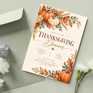 Thanksgiving Dinner Invitation Canva Template, Friendsgiving Invite, Fall Rustic Pumpkin Party, Let's Give Thanks, Editable Digital Download