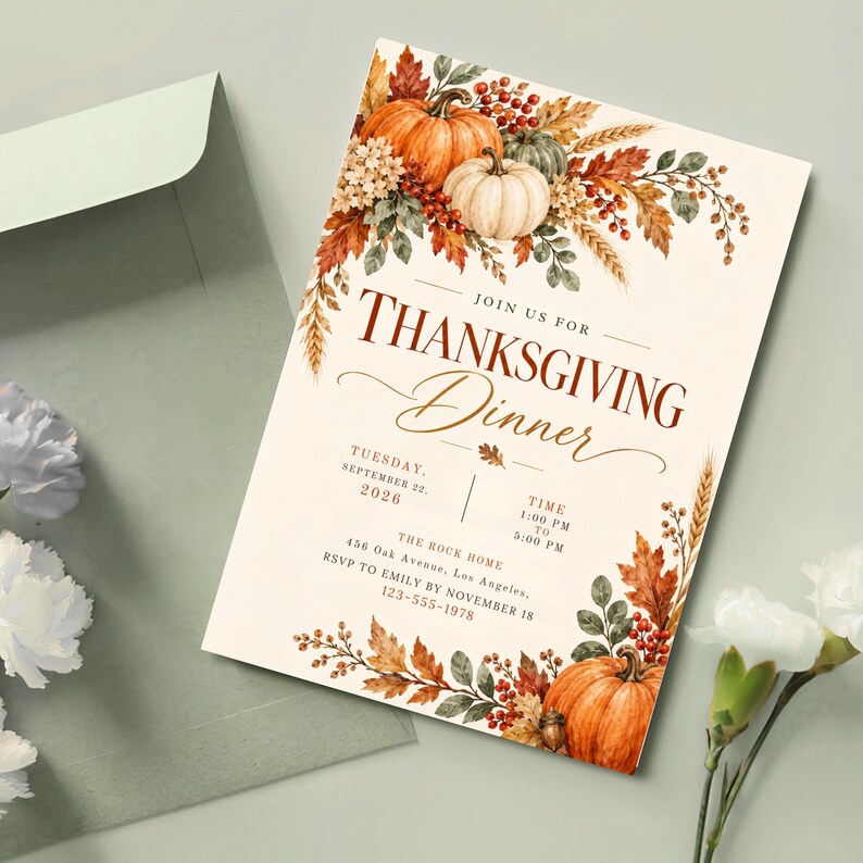 Thanksgiving Dinner Invitation Canva Template, Friendsgiving Invite, Fall Rustic Pumpkin Party, Let's Give Thanks, Editable Digital Download