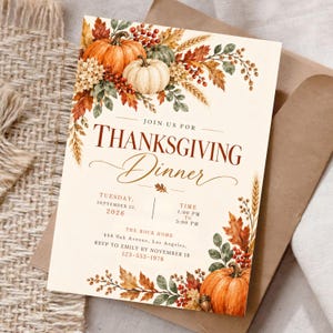 Thanksgiving Dinner Invitation Canva Template, Friendsgiving Invite, Fall Rustic Pumpkin Party, Let's Give Thanks, Editable Digital Download