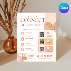 Könnte beinhalten: Eine Social-Media-Schildvorlage mit dem Text LET'S CONNECT together, FOLLOW. SHARE. STAY INSPIRED. Sie enthält Platzhalter für Markennamen, E-Mail, Website, Standort und drei QR-Codes für Instagram-, Facebook- und TikTok-Konten.