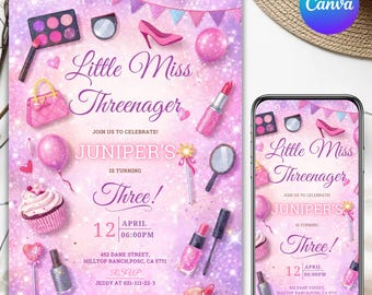 May include: A pink and purple birthday invitation featuring the text Little Miss Threenager, Juniper's, and Three. The design includes illustrations of a makeup palette, high heel, balloon, cupcake, lipstick, mirror, and wand on a glittery background.