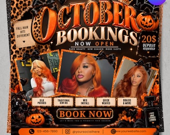 October Booking Flyer Canva Template, Halloween Books Open Flyer, Spooky SZN Beauty Flyer, Hair Braids Nails MUA Lash Locs Wig