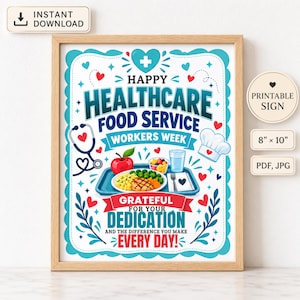 May include: A framed printable sign featuring the text HAPPY HEALTHCARE FOOD SERVICE WORKERS WEEK GRATEFUL FOR YOUR DEDICATION AND THE DIFFERENCE YOU MAKE EVERY DAY! with illustrations of a stethoscope, chef hat, and a food tray with a meal.