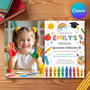 May include: A preschool graduation invitation featuring a smiling child with colorful painted hands. The invitation includes the text "Emily's Preschool Graduation Celebration" with illustrations of a sun, rainbow, and rocket.