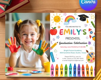 May include: A preschool graduation invitation featuring a smiling child with colorful painted hands. The invitation includes the text "Emily's Preschool Graduation Celebration" with illustrations of a sun, rainbow, and rocket.