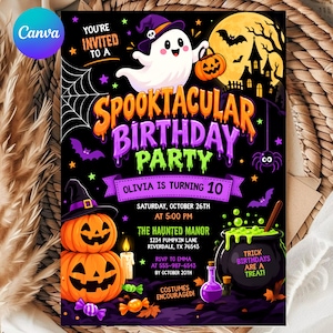 May include: A Halloween-themed birthday party invitation featuring a ghost in a witch hat, two stacked jack-o'-lanterns, a bubbling green cauldron, and a haunted house silhouette. The text reads: You're invited to a Spooktacular Birthday Party, Olivia is turning 10, Saturday, October 26th at 5:00 PM, The Haunted Manor, 1234 Pumpkin Lane, Riverdale, TX 76543, RSVP to Emma at 555-987-6543 by October 20th, Costumes encouraged, Trick birthdays are a treat!