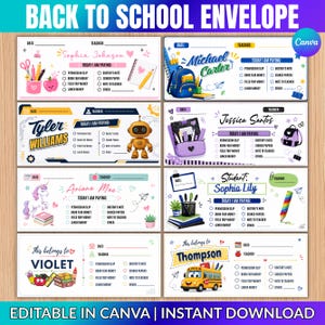 Puede incluir: Un conjunto de ocho sobres rectangulares para el regreso a clases con varios temas como un unicornio, robot, autobús escolar y papelería. Cada sobre incluye campos para fecha, profesor, nombre del estudiante y una lista de verificación de pagos.