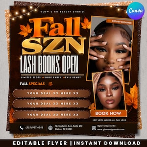 May include: A digital flyer for a beauty studio featuring the text Fall SZN Lash Books Open. The design includes orange maple leaves, a dark brown background, and two photographs of a person with long eyelashes. It lists contact details.