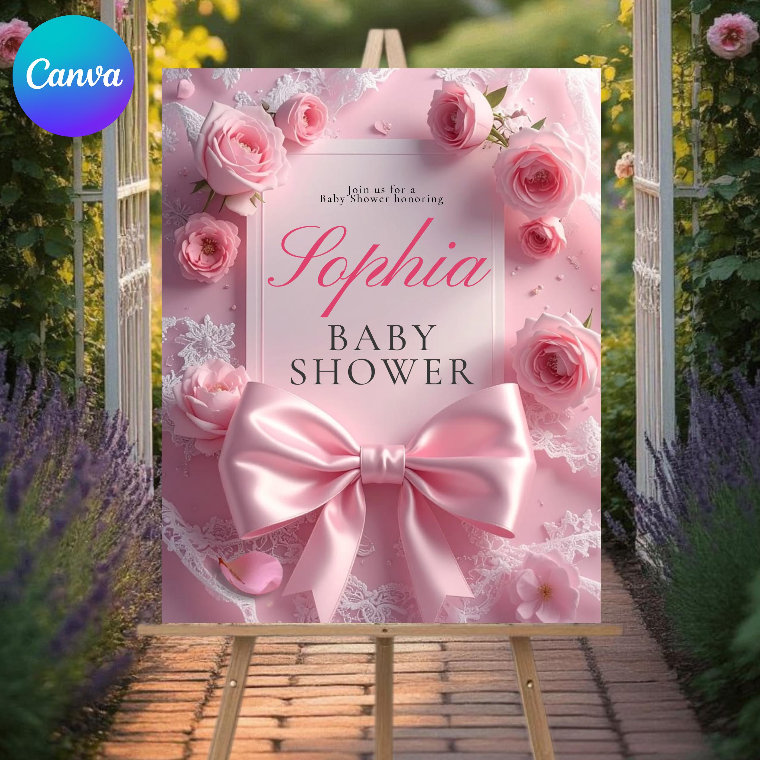 Pink Bow Floral Toile Baby Shower Welcome Sign Printable, Elegant ...