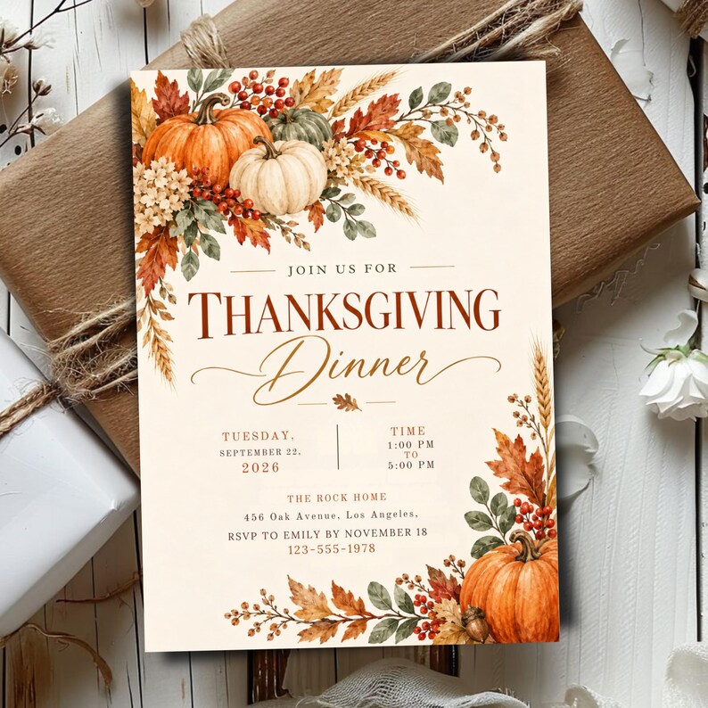 Thanksgiving Dinner Invitation Canva Template, Friendsgiving Invite, Fall Rustic Pumpkin Party, Let's Give Thanks, Editable Digital Download