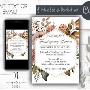 Bewerkbare Thanksgiving diner uitnodiging sjabloon, Thanksgiving uitnodiging digitale download, Thanksgiving diner nodigt afdrukbaar uit
