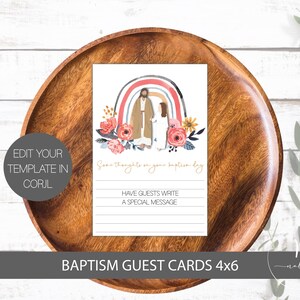 May include: A white card with a watercolor illustration of a rainbow, a man and a woman standing under the rainbow, and floral accents. The text "Some thoughts on your baptism day" is printed in gold lettering. The card has blank lines for guests to write messages.