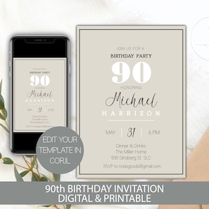 90th Birthday Party Invitation Man, Ninety Birthday Invitation, 90th Birthday Invite, 90th Birthday Invitation for Women