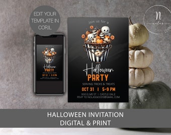 May include: A black and orange Halloween party invitation featuring a graphic of a bucket overflowing with sweets, skulls, and other spooky treats. The text reads "Join us for a Halloween Party, Serving Tricks & Treats, Oct 31 | 5-9 PM, 500 Elms St | Castle Dale, RSVP to NolasGoods@gmail.com".