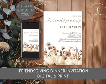 May include: A digital printable invitation for a Friendsgiving celebration. The invitation features a watercolor illustration of pumpkins and fall foliage in shades of brown, beige, and white. The text reads "Join us for a Friendsgiving Celebration" and includes the date, time, location, and RSVP information.