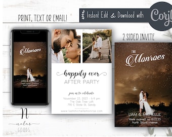 May include: A two-sided invitation with a starry night sky background. The front side features the text "The Monroes" in a cursive font and a couple standing on a beach. The back side features the text "happily ever after party" and details for a party on 23 November 2023.