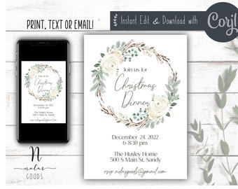 Christmas Dinner Party Invite Template, Christmas Dinner Invitation Digital, Holiday Dinner Invite, Winter Dinner Party Invitation Download