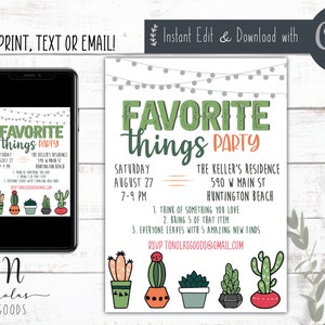 Invitación de fiesta de cosas favoritas imprimible, mi invitación de cosas favoritas descarga digital, invitación de cumpleaños de cosas favoritas