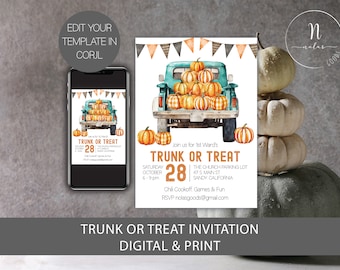 Ulotka Trunk or Treat – kościół, plakaty na Halloween Trunk or Treat 18x24, edytowalny Trunk or Treat, ulotka na szkolną imprezę halloweenową,