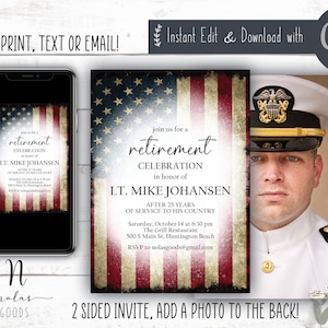 Invitación de jubilación militar, invitación de jubilación para hombre, invitación para celebración de jubilación, plantilla de invitación para fiesta de jubilación