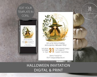 May include: Halloween party invitation with a cute witch illustration. The invitation is for a spooky Halloween party on October 31st from 6-9 pm at The Addams Family, 47 S Main St, Sandy, California. The invitation includes the text "Join us for trick-or-treating and a spooky Halloween Party!" and "Games Food & Fun".