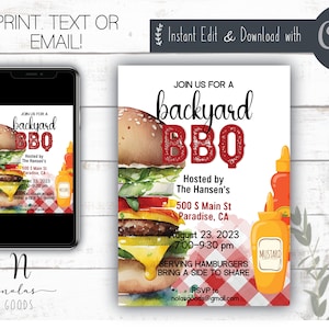 May include: A printable invitation for a backyard BBQ. The invitation features a watercolor illustration of a hamburger with red and white gingham background. The text reads "Join us for a backyard BBQ" and includes details about the event, such as the date, time, location, and RSVP information.