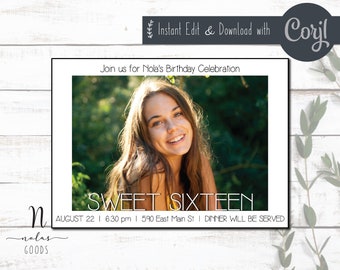 Invitación de cumpleaños número 16 digital, foto de invitaciones de dulce dieciséis, diseñador de plantillas de invitaciones de cumpleaños dulce 16, invitación de cumpleaños número 16
