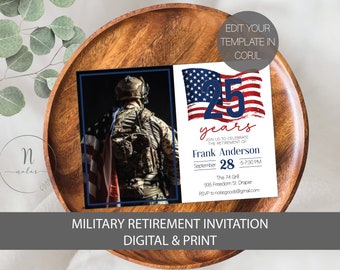 May include: A digital invitation for a military retirement party. The invitation features a photo of a person in military uniform, a red, white, and blue American flag, and the text "25 years". The invitation includes the name "Frank Anderson", the date "September 28", the time "5-7:30 PM", the location "The 74 Grill", and the address "935 Freedom St Draper".