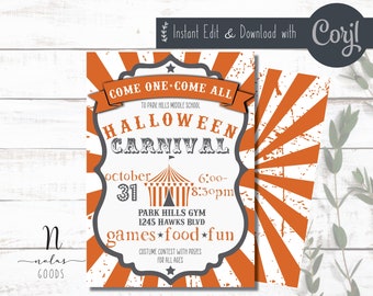 Zaproszenie na karnawał Halloween Digital, Szablon ulotki na karnawał szkolny, Edytowalna ulotka karnawałowa, Zaproszenie na festiwal jesienny do wydrukowania