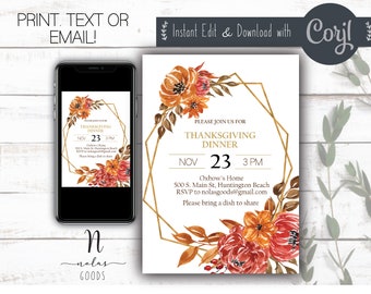 Editable Thanksgiving Dinner Invitation Template, Thanksgiving Invite Digital, Thanksgiving Potluck Invite, Friendsgiving Invite