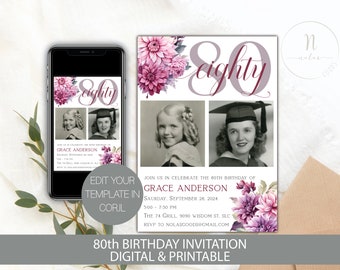 Puede incluir: Una invitación de cumpleaños número 80 con un diseño floral en tonos rosa y morado. La invitación presenta un collage de fotos de la persona que cumple años a diferentes edades. El texto dice "Eighty" y "Join us in celebrate the 80th birthday of Grace Anderson".