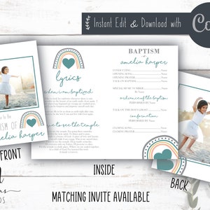 May include: A printable baptism programme with a rainbow and heart design. The programme includes space for the names of the officiant, special music, and the order of service. The front of the programme features a photo of a young girl in a white dress. The back of the programme features a photo of a young girl in a white dress.