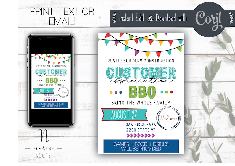Pode incluir: Um convite imprim&iacute;vel para um churrasco de aprecia&ccedil;&atilde;o do cliente. O convite apresenta uma faixa colorida com bandeiras, uma caixa de texto verde e azul com as palavras "Customer Appreciation BBQ", e a data e hora do evento. O convite tamb&eacute;m inclui o local do evento, Oak Ridge Park, 2200 State St. O texto "Jogos, comida, bebidas ser&atilde;o fornecidos" tamb&eacute;m est&aacute; inclu&iacute;do.