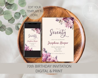 70th Birthday Invitation for Women, 70 Birthday Invitation Digital, 70th Birthday Invite Template, 70th Birthday Party Invite