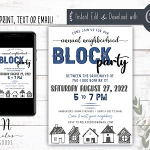 Modèle de fête de quartier de quartier, Flyer d'invitation à une fête de quartier imprimable, Invitation à une fête de quartier, téléchargements numériques, barbecue de quartier