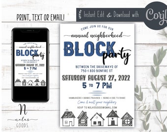 May include: An editable invitation for a neighbourhood block party. The invitation is white with blue and black text. It features a blue block party sign with a white outline. The text says "Come join us for our annual neighbourhood block party" and includes the date, time, and location of the party. The invitation also includes a graphic of houses.