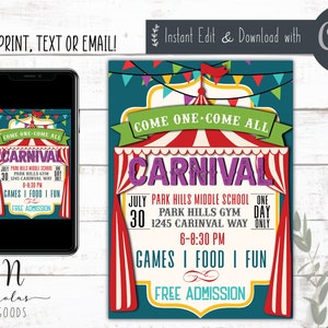 Flyer du carnaval modifiable, Flyer du carnaval de l&#39;école, téléchargement numérique sur invitation au carnaval, Flyer de collecte de fonds scolaire imprimable, Flyers de la prise de force