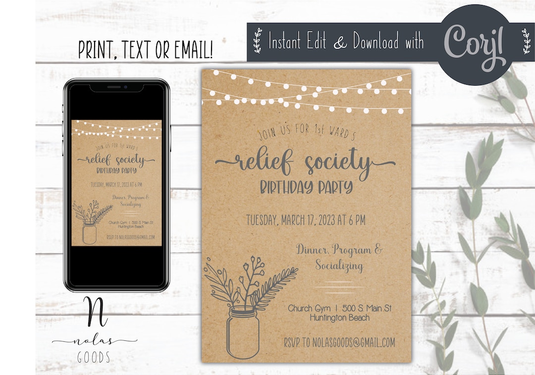 Relief Society Birthday Party Invitation Template, LDS Relief Society Invite, Relief Society ...